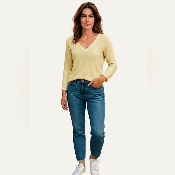 Eileen Fisher Organic Linen & Cotton Blend V-Neck Sweater, Light Yellow,Size XXS - Picture 2 of 11